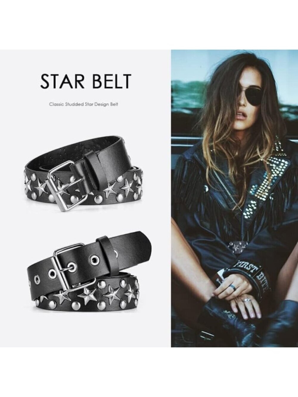 Women's 1 - Black Star Metal Punk Rock Rivet Belt With Bright Pyramid Studded - Picture 2 of 8